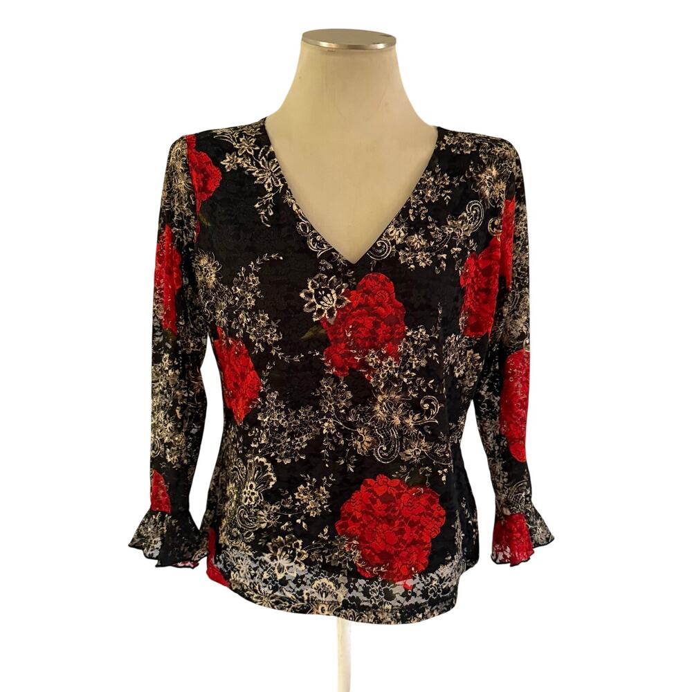Vtg Y2K 2000s Black Red Floral Lace Long Sleeve XL Whimsygoth Fairy Grunge